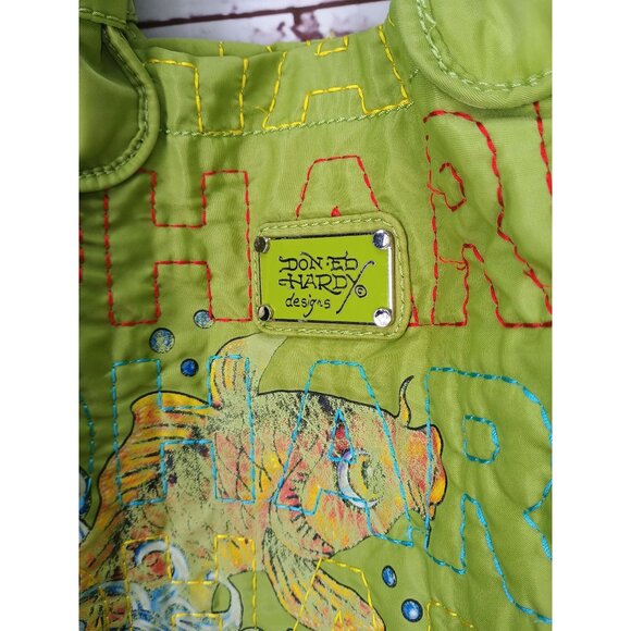 Ed Hardy Quilted Green Tote Bag With Fish Embroidery & Logo Design - Picture 5 of 9